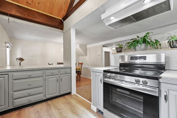 Interior, Kitchen, Recessed Lighting, Stainless Steel Appliances, Wooden Ceilings, Wood Texture Flooring