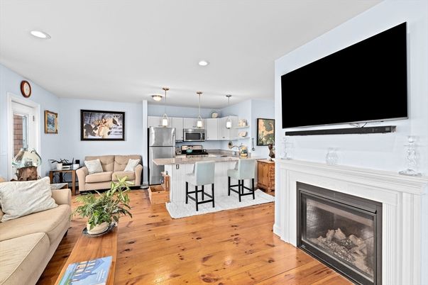 Fireplace, Interior, Kitchen, Living room, Pendant Lights, Recessed Lighting, Stainless Steel Appliances, Wood Texture Flooring
