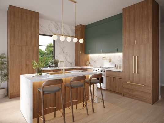 Interior, Kitchen, Marble Walls, Pendant Lights, Wood Texture Flooring