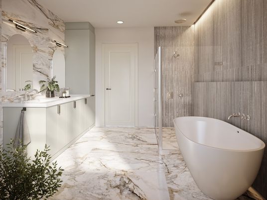Bathroom, Free Standing Baths, Glass Shower, Interior, Marble, Marble Walls, Recessed Lighting