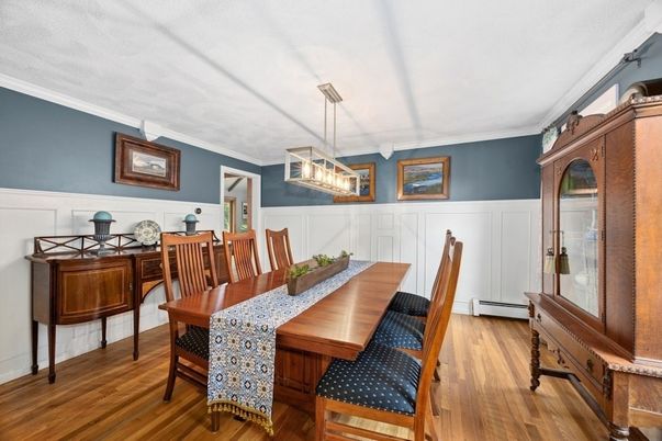 Dining room, Interior, Pendant Lights, Wood Texture Flooring