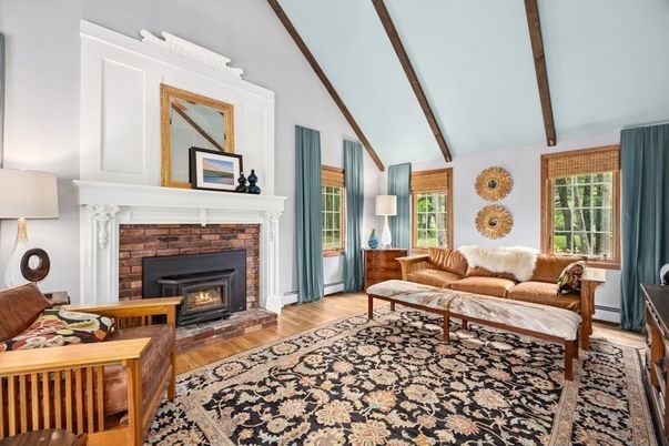 Fireplace, Interior, Living room, Wooden Beams, Wood Texture Flooring