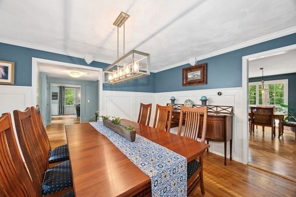 Dining room, Interior, Pendant Lights, Wood Texture Flooring