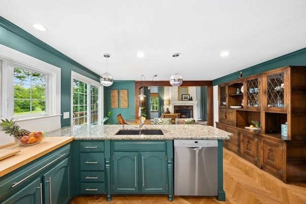 Fireplace, Interior, Kitchen, Pendant Lights, Recessed Lighting, Stainless Steel Appliances, Wood Texture Flooring