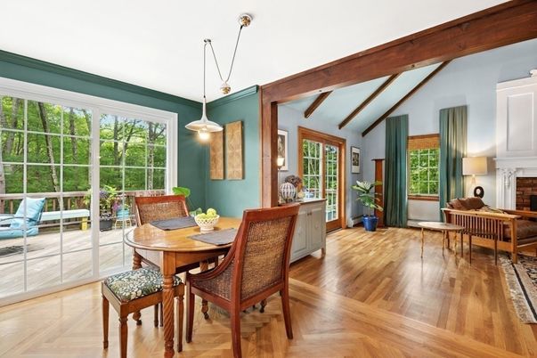 Dining room, Fireplace, Interior, Pendant Lights, Wooden Beams, Wood Texture Flooring