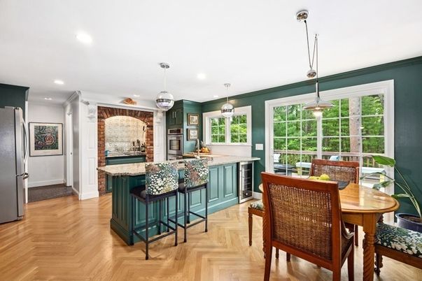 Dining room, Interior, Kitchen, Pendant Lights, Recessed Lighting, Stainless Steel Appliances, Wood Texture Flooring