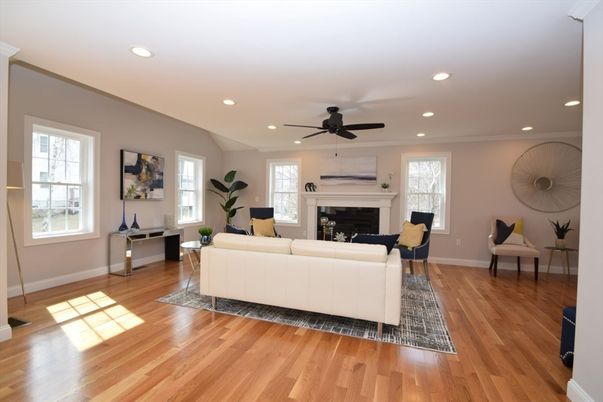 Fireplace, Interior, Living room, Recessed Lighting, Wood Texture Flooring