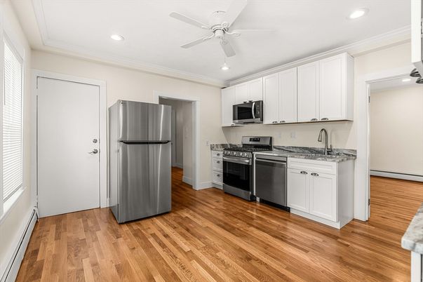 Interior, Kitchen, Recessed Lighting, Stainless Steel Appliances, Wood Texture Flooring