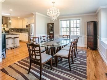 Chandelier, Dining room, Interior, Kitchen, Recessed Lighting, Stainless Steel Appliances, Wood Texture Flooring