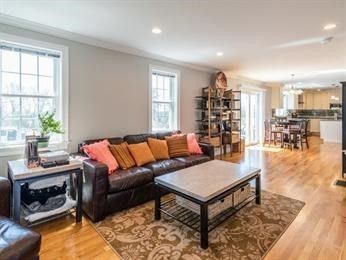 Chandelier, Dining room, Interior, Kitchen, Living room, Recessed Lighting, Wood Texture Flooring