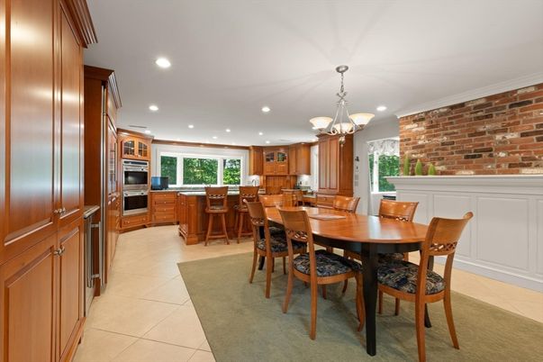 Chandelier, Dining room, Interior, Kitchen, Recessed Lighting, Stainless Steel Appliances, Stone Walls