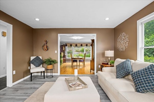 Dining room, Interior, Living room, Recessed Lighting, Wood Texture Flooring