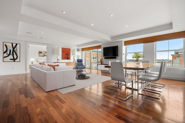 Dining room, Interior, Living room, Recessed Lighting, Wood Texture Flooring
