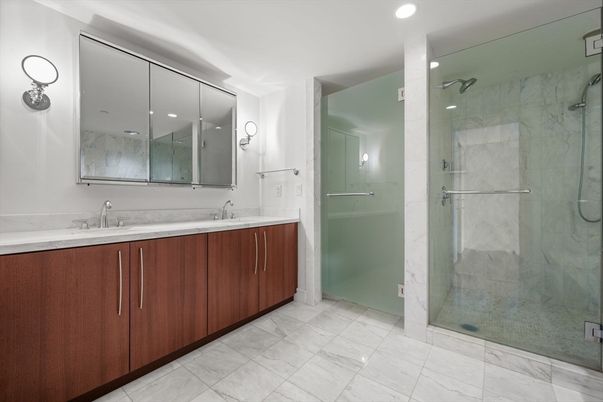 Bathroom, Dual Sink Vanities, Glass Shower, Interior, Marble Walls, Recessed Lighting