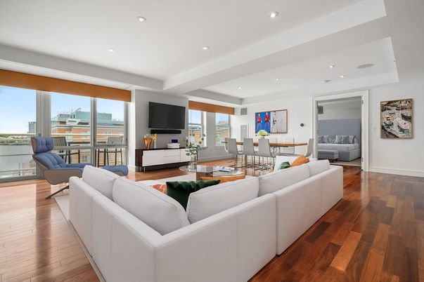 Dining room, Interior, Living room, Recessed Lighting, Water, Wood Texture Flooring