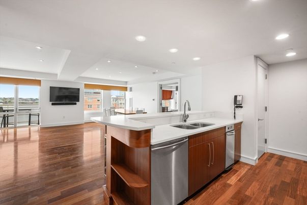 Dining room, Interior, Kitchen, Recessed Lighting, Stainless Steel Appliances, Wood Texture Flooring