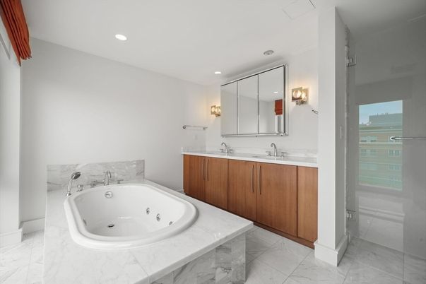 Bathroom, Dual Sink Vanities, Interior, Marble, Recessed Lighting