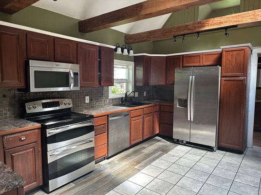 Interior, Kitchen, Stainless Steel Appliances, Wooden Beams, Wood Texture Flooring