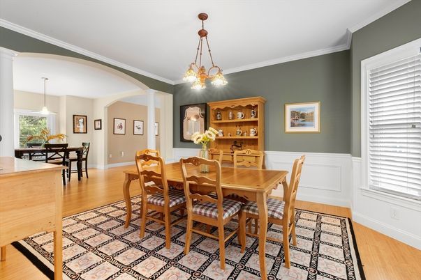 Dining room, Interior, Pendant Lights, Wood Texture Flooring