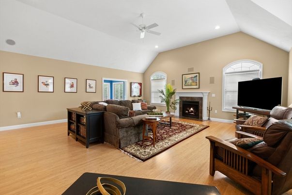 Fireplace, Interior, Living room, Recessed Lighting, Wood Texture Flooring