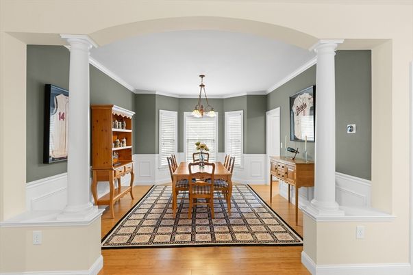 Chandelier, Dining room, Interior, Pendant Lights, Wood Texture Flooring