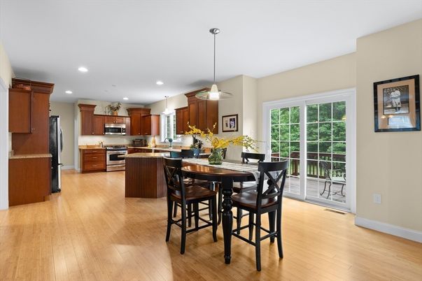 Dining room, Interior, Kitchen, Pendant Lights, Recessed Lighting, Stainless Steel Appliances, Wood Texture Flooring