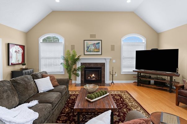 Fireplace, Interior, Living room, Recessed Lighting, Wood Texture Flooring