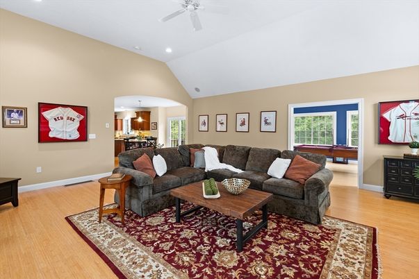 Billiard Table, Dining room, Interior, Living room, Pendant Lights, Recessed Lighting, Wood Texture Flooring