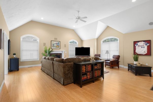 Fireplace, Interior, Living room, Recessed Lighting, Wood Texture Flooring