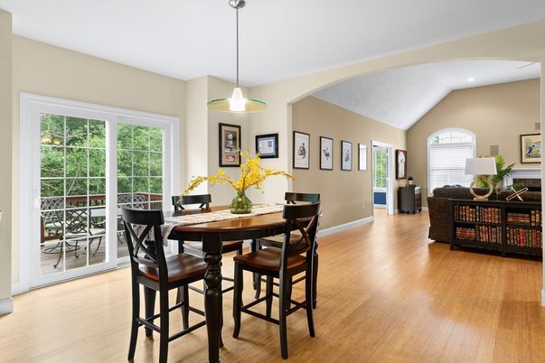 Dining room, Interior, Pendant Lights, Recessed Lighting, Wood Texture Flooring