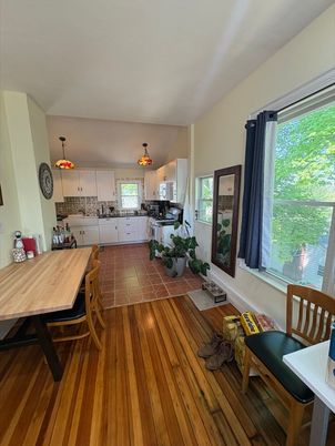 Dining room, Interior, Kitchen, Pendant Lights, Wood Texture Flooring