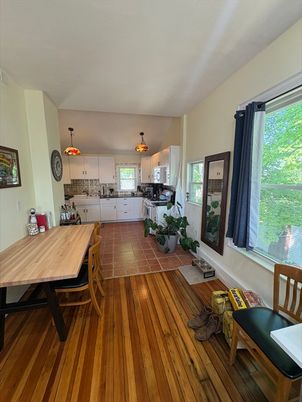 Dining room, Interior, Kitchen, Pendant Lights, Wood Texture Flooring