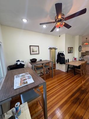 Dining room, Interior, Recessed Lighting, Wood Texture Flooring