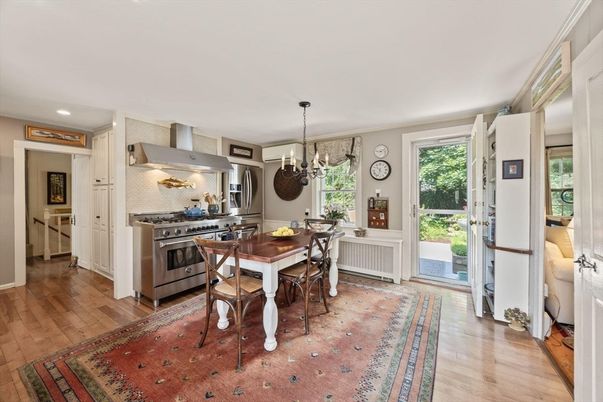 Dining room, Interior, Kitchen, Pendant Lights, Recessed Lighting, Stainless Steel Appliances, Wood Texture Flooring