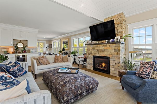 Fireplace, Interior, Kitchen, Living room, Recessed Lighting, Stone Walls, Wood Texture Flooring