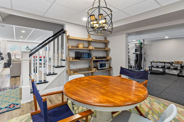 Dining room, Interior, Pendant Lights, Recessed Lighting, Wood Texture Flooring