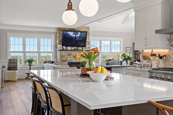 Fireplace, Interior, Kitchen, Pendant Lights, Stainless Steel Appliances, Wood Texture Flooring
