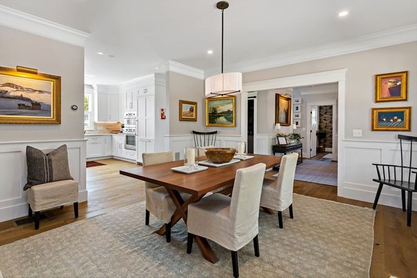 Dining room, Interior, Kitchen, Pendant Lights, Recessed Lighting, Wood Texture Flooring