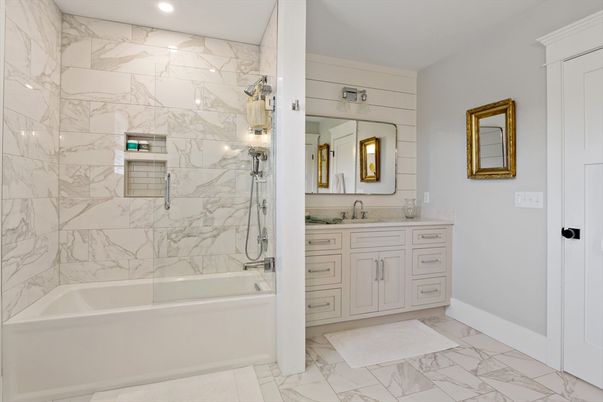 Bathroom, Glass Shower, Interior, Marble, Marble Walls, Recessed Lighting