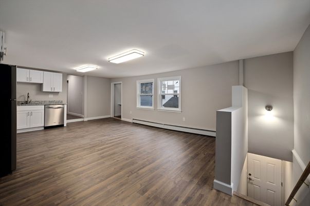 Empty room, Interior, Kitchen, Stainless Steel Appliances, Wood Texture Flooring