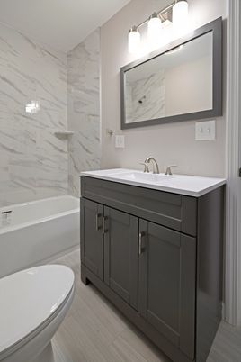 Bathroom, Interior, Marble Walls, Wood Texture Flooring