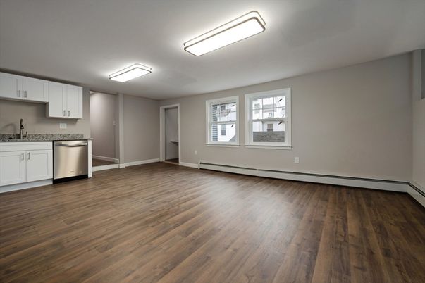 Empty room, Interior, Kitchen, Stainless Steel Appliances, Wood Texture Flooring