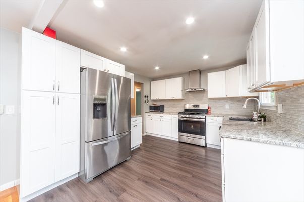 Interior, Kitchen, Recessed Lighting, Stainless Steel Appliances, Wood Texture Flooring