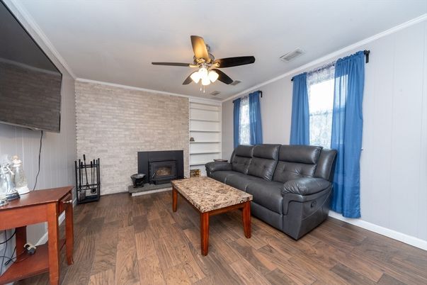 Fireplace, Interior, Living room, Stone Walls, Wood Texture Flooring