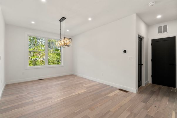 Empty room, Interior, Pendant Lights, Recessed Lighting, Wood Texture Flooring