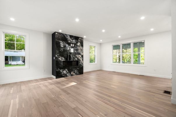Empty room, Fireplace, Interior, Recessed Lighting, Wood Texture Flooring