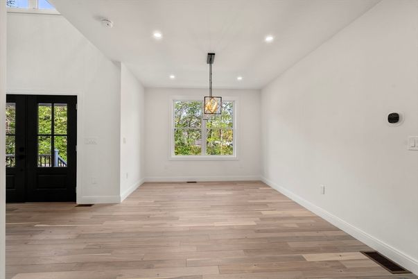 Empty room, Interior, Pendant Lights, Recessed Lighting, Wood Texture Flooring