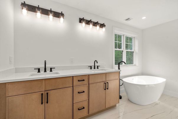 Bathroom, Dual Sink Vanities, Free Standing Baths, Interior, Marble, Recessed Lighting