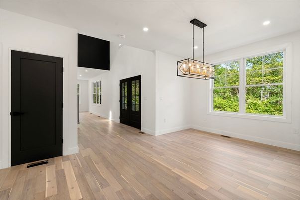 Empty room, Interior, Pendant Lights, Recessed Lighting, Wood Texture Flooring