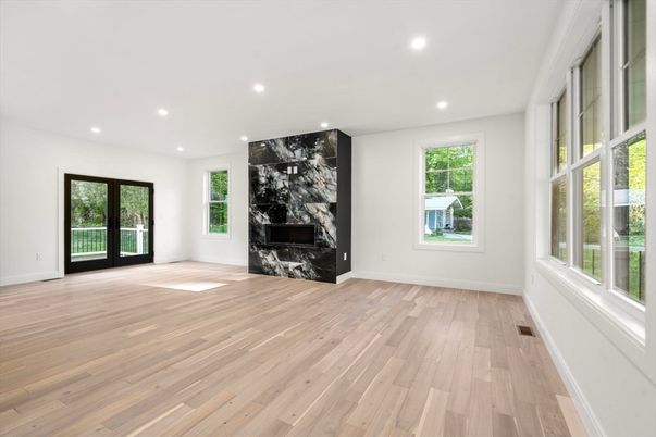 Empty room, Fireplace, Interior, Recessed Lighting, Wood Texture Flooring